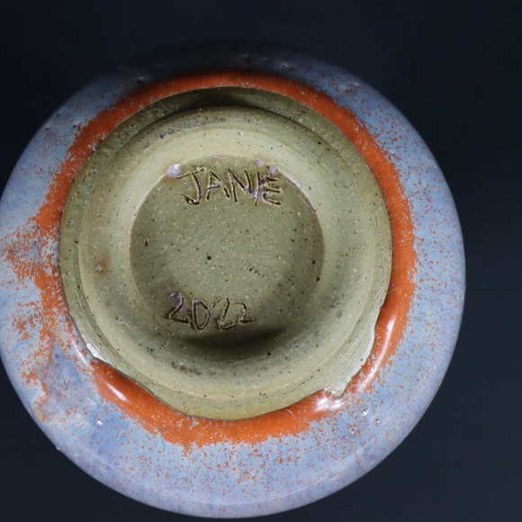 Art Pottery Blue Orange Drip Glaze Vibrant Vase Signed By Artist - Picture 8 of 14